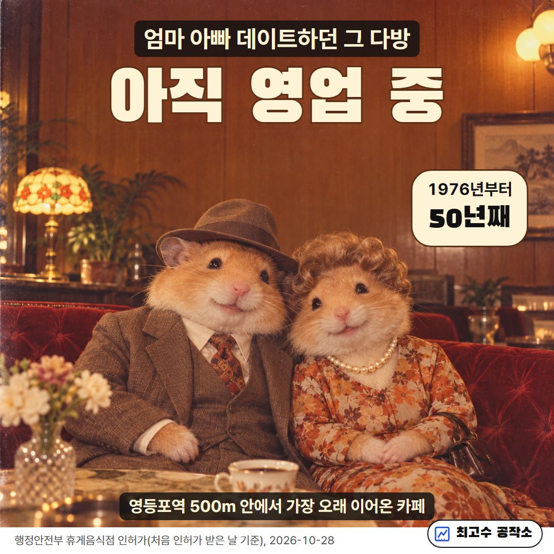 1970년대 차림의 부부 캐릭터: 엄마 아빠 데이트하던 그 다방, 영등포역에서 1976년부터 50년째 영업 중