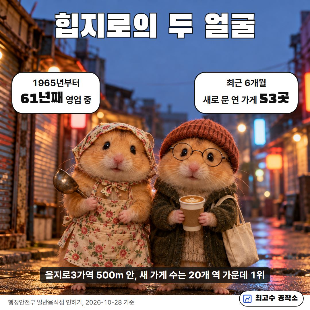할머니 캐릭터와 젊은 캐릭터: 힙지로의 두 얼굴, 1965년부터 61년째 영업 중인 가게와 최근 6개월 새로 문 연 가게 53곳