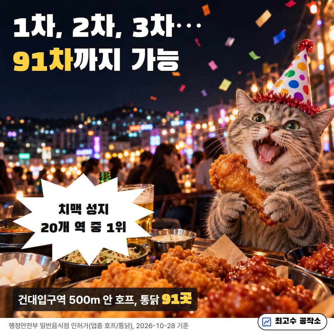 파티 모자 쓴 고양이와 치킨: 건대입구역 500m 안 호프와 치킨집 91곳, 20개 역 가운데 1위